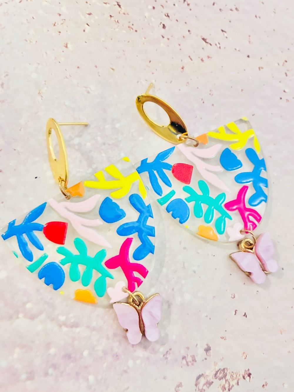 Mid-century, modern pink butterfly colourful acrylic earrings